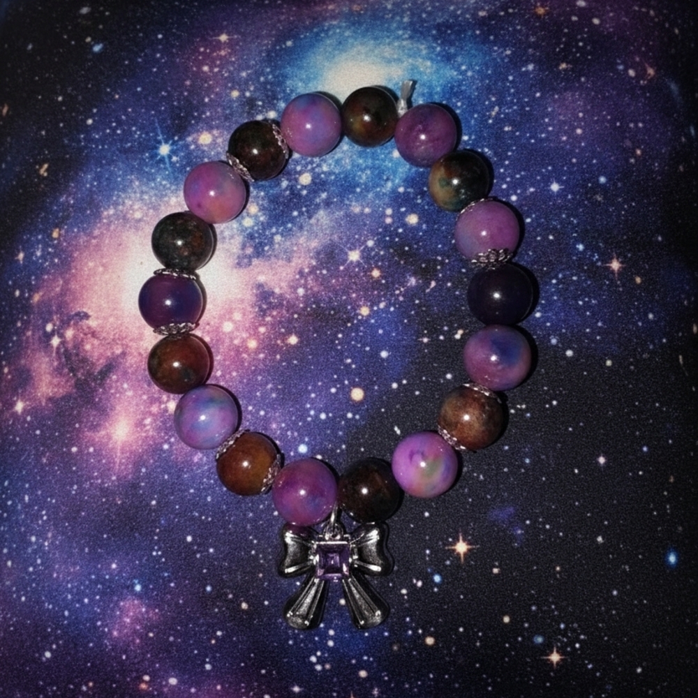 Crystal Purple Beaded Bracelet with Silver Bow Charm